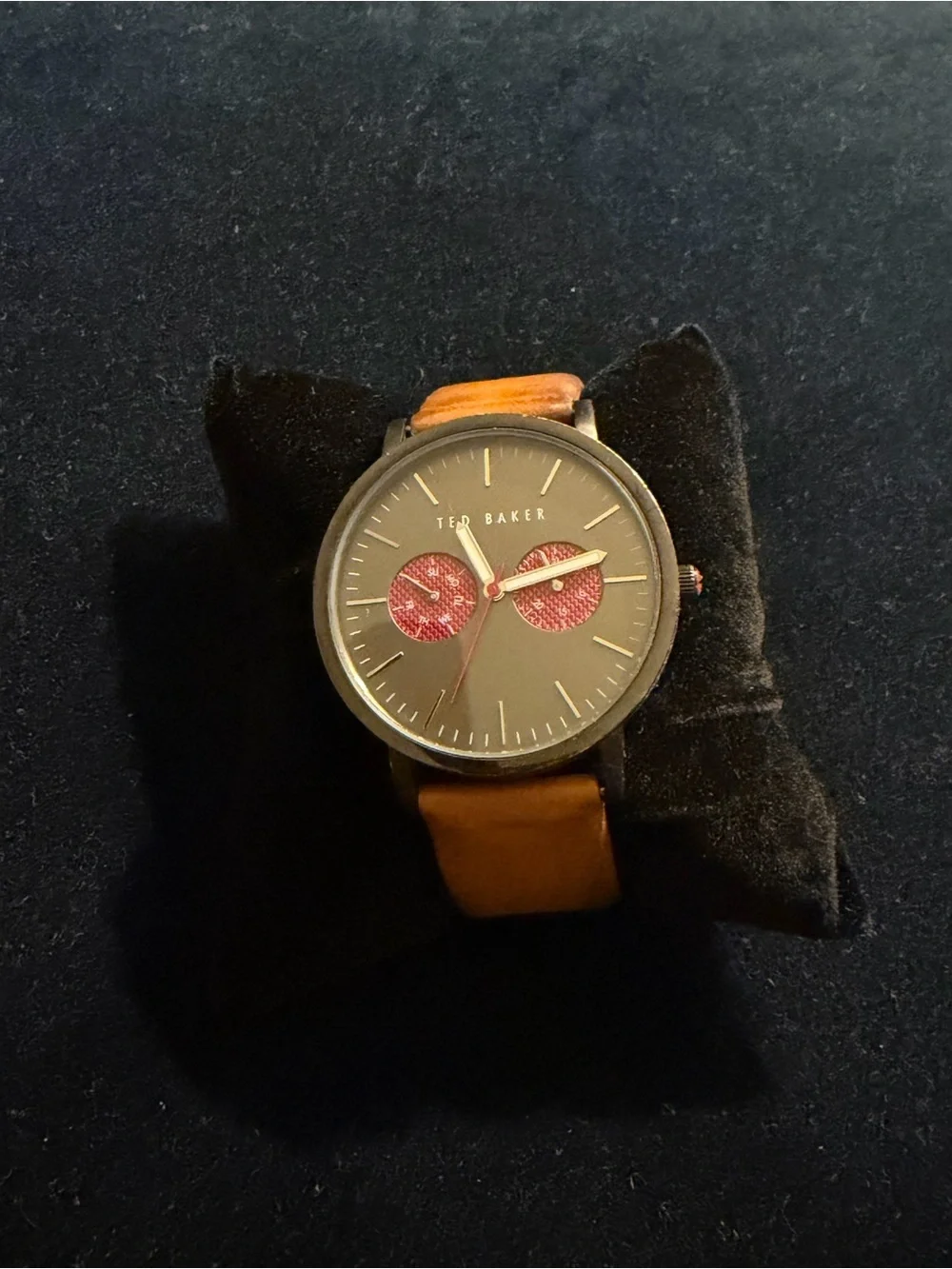 Ted Baker Gray Dial Watch with Brown Strap and Red Subdials